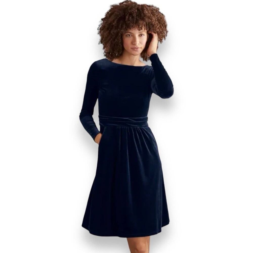 Boden‎ Abigail Velvet Mini Dress Womens 12 Navy Blue Petite Long Sleeve Short